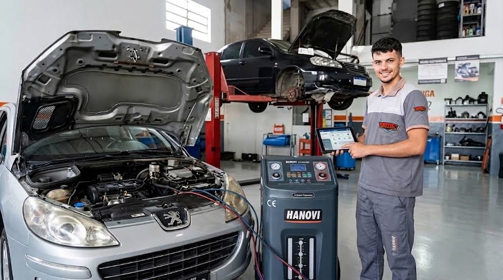 Máquina Mahovi 4001 e técnico especializado em câmbio automático na Cartec